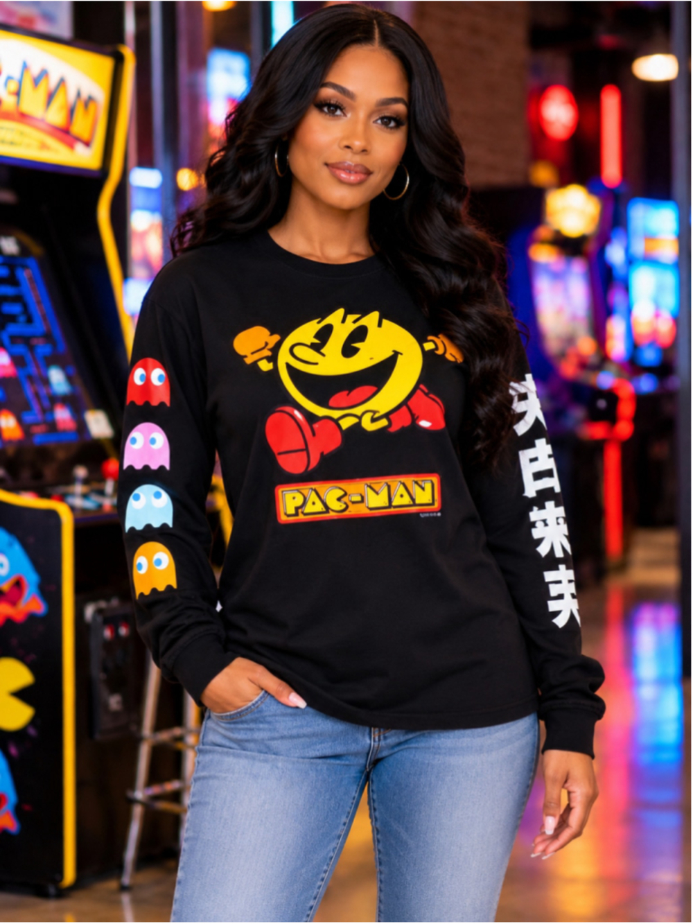 Pac-Man Black Long Sleeve Graphic Tee with Kanji & Ghost Sleeves – Size L